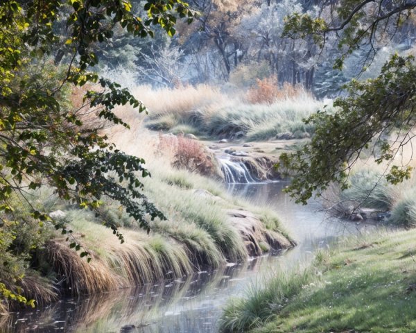 Serene Landscape with Stream and Autumn Colors
