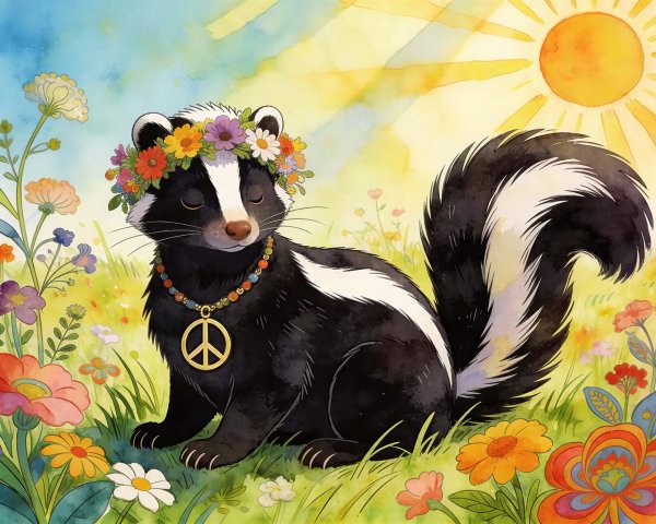 Watercolor Cartoon Skunk in Flower Field Scene