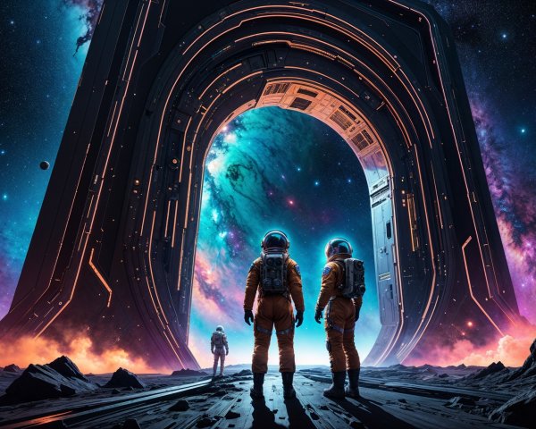 Astronauts in Cosmic Landscape with Futuristic Archway