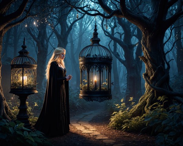 Cloaked Figure in Enchanted Forest with Glowing Cages