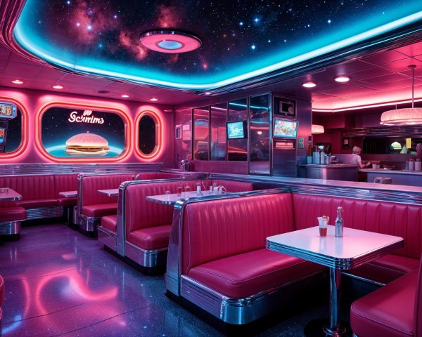 Retro Diner Interior with Pink Booths and Neon Lights