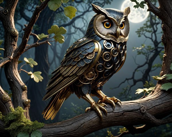 Mechanical Owl on Gnarled Branch in Misty Forest