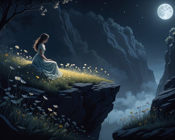Moonlit Landscape with Woman in White Dress and Flowers