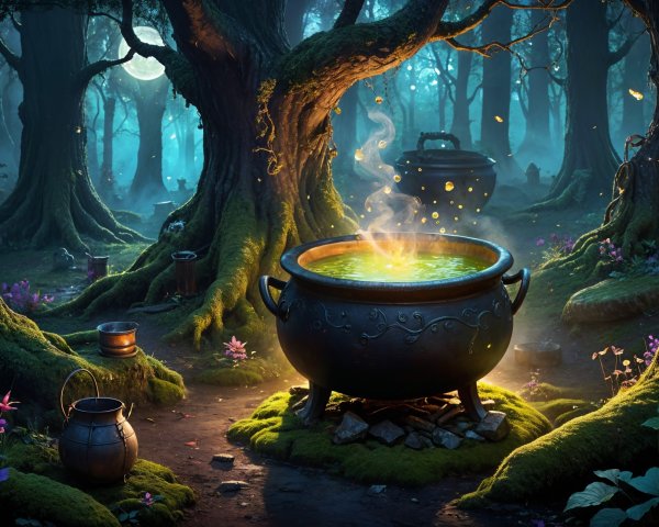 Mystical forest with bubbling cauldron and glowing orbs