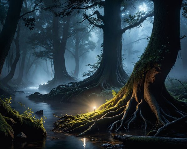 Twilight Forest Scene with Lantern and Mist