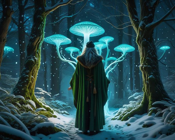 Wizard in Green Robe Amidst Bioluminescent Mushrooms