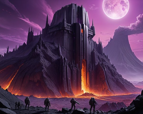 Dark Fortress Amidst Rugged Landscape and Lava Flow
