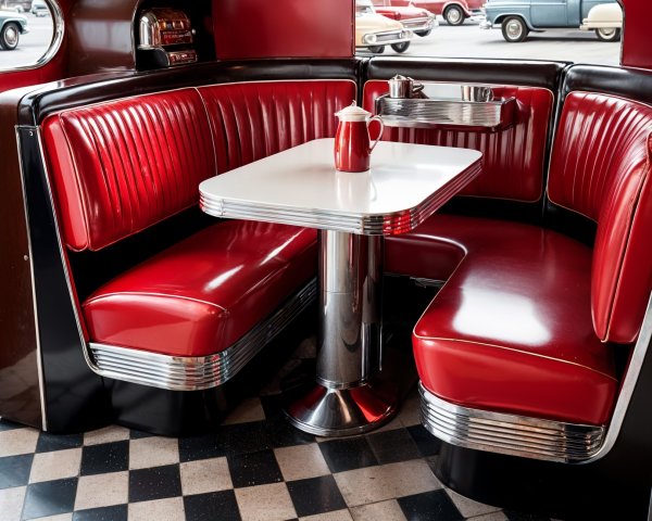 Retro Diner Booth with Red Vinyl Seats and Checkered Floor