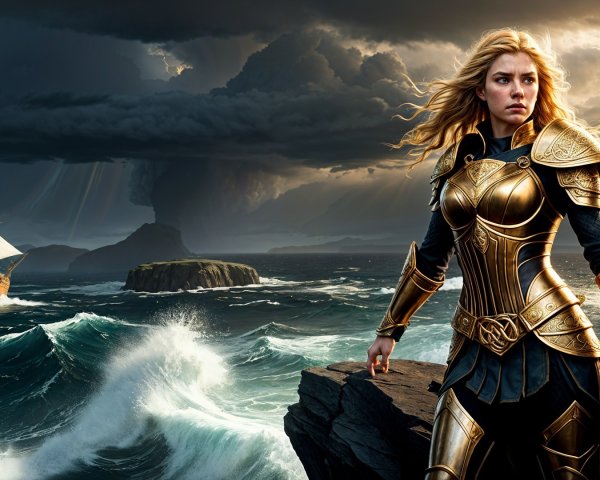 Warrior in Golden Armor on Rocky Cliffs by Stormy Sea