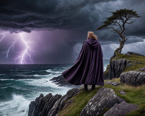 Figure in Cloak on Cliff Overlooking Stormy Seas