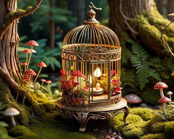 Golden Birdcage Surrounded by Forest Flora and Light