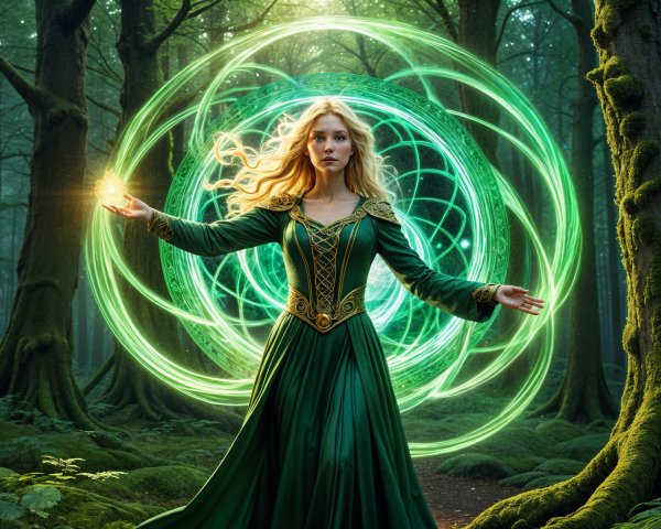 Mystical forest scene with a sorceress and magic patterns