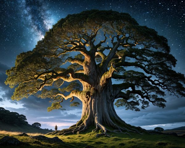 Majestic Tree Under Starry Night Sky in Serene Landscape