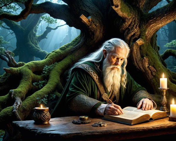 Elderly wizard writing in a mystical forest setting
