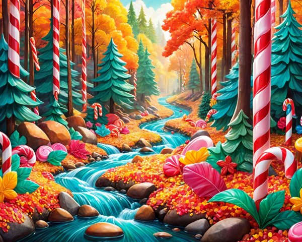 Whimsical Autumn Forest Scene with Colorful Elements