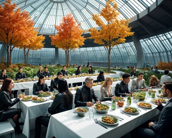 Elegant communal dining in a bright, autumn setting
