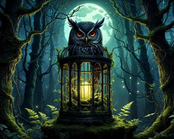 Majestic owl in moonlit forest with ornate cage