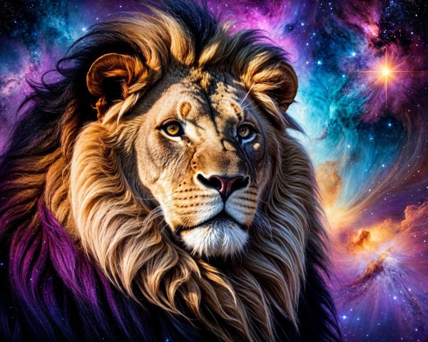 Majestic lion against a vibrant cosmic backdrop