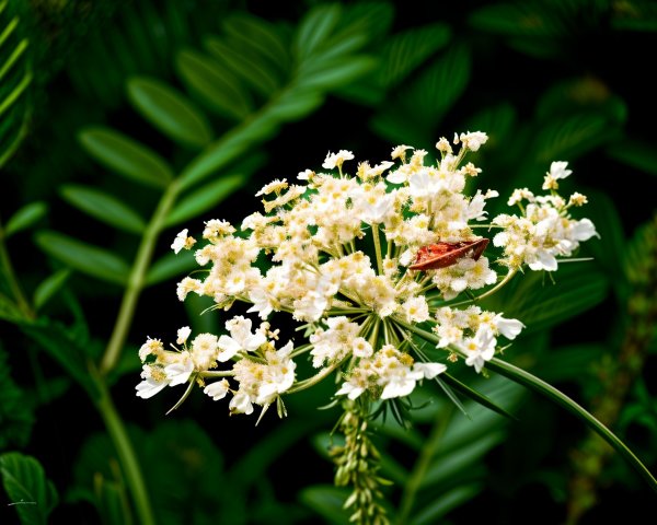Tiny White Flowers with Green Foliage and Insect