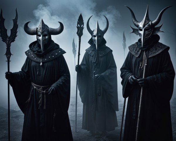 Three Figures in Black Robes with Horned Masks