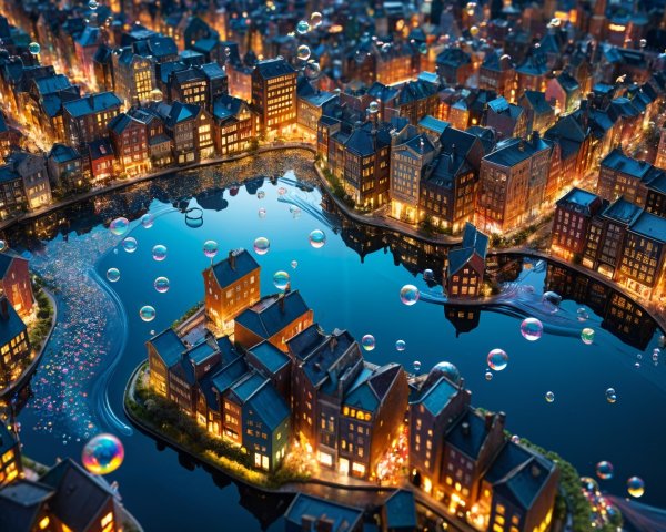 Aerial View of a Miniature City with Bubbles and Lights
