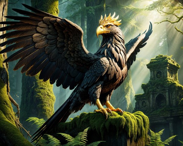 Eagle Perched on Rock in Ancient Forest Setting