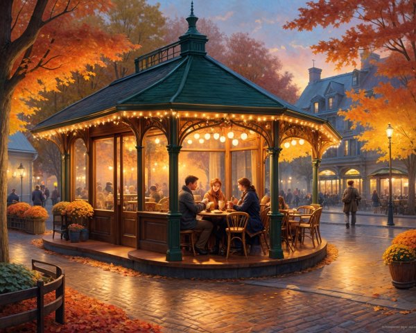 Gazebo Surrounded by Autumn Foliage and Festive Lights
