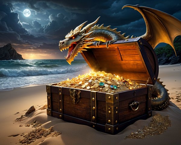 Golden dragon guarding treasure on a sandy beach