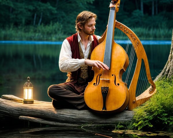 Musician by Lake with Unique Instrument at Dusk