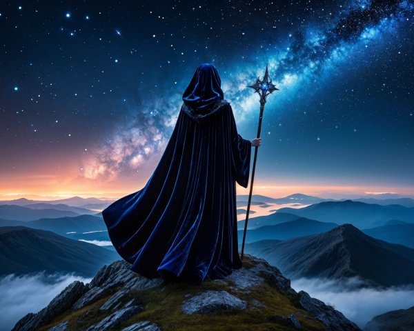 Cloaked Figure on Peak Under Starry Night Sky