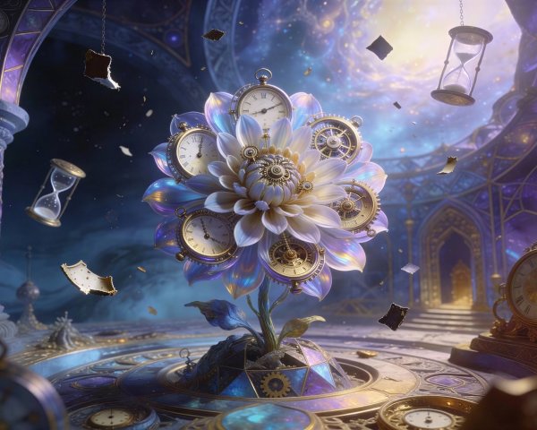 Surreal Flower with Clockwork Gears and Nebula Background