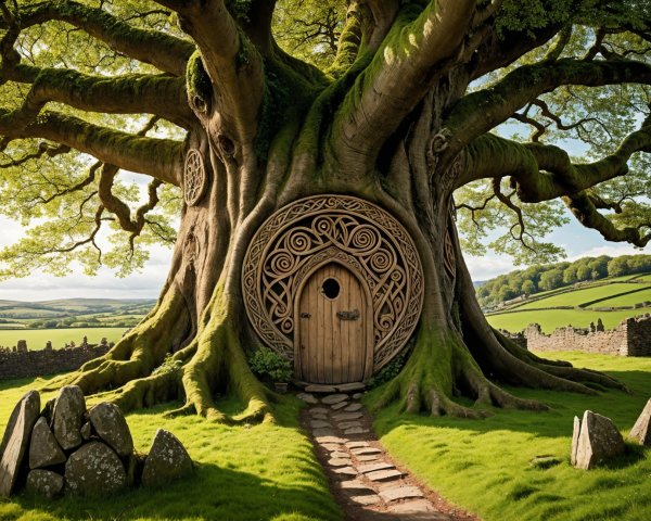 Ancient tree with carvings in a serene landscape