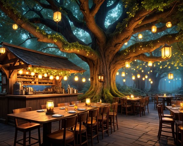 Outdoor Dining Under Ancient Tree with Lanterns