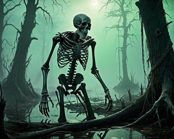 Skeleton in a Misty Swamp Under Moonlight