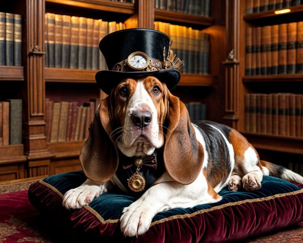 Beagle Dog in Top Hat Relaxing in Elegant Library