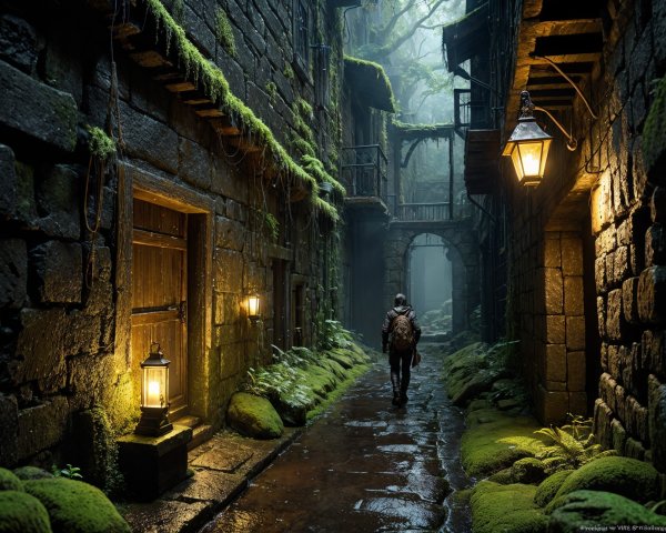 Misty Alleyway with Ancient Stone Buildings and Lanterns