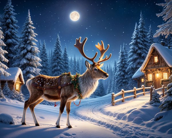 Reindeer with Antlers in Snowy Holiday Landscape