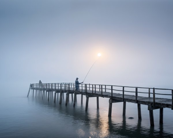 Foggy Pier Scene with Fisherman at Sunrise