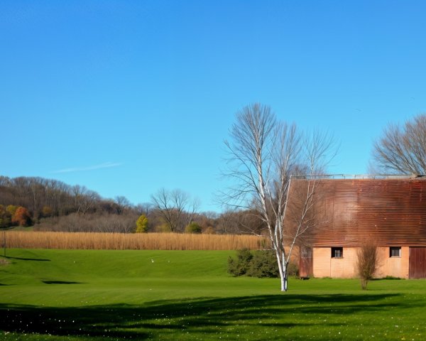 Modern Barn in Serene Landscape with Autumn Colors