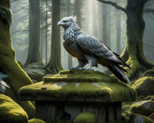 Mythical Creature on Moss-Covered Pedestal in Forest