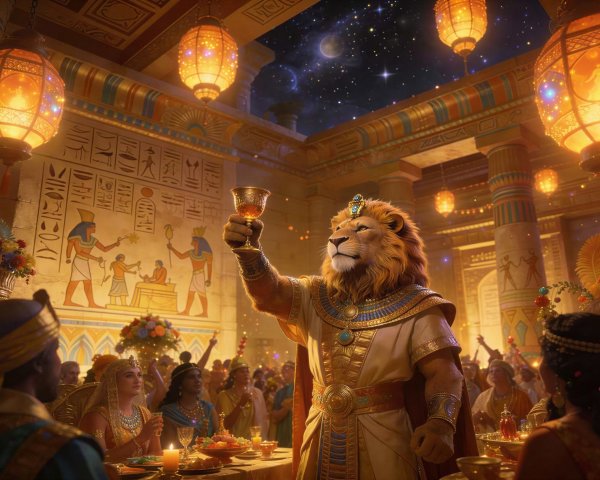 Anthropomorphic lion in Ancient Egyptian attire in hall