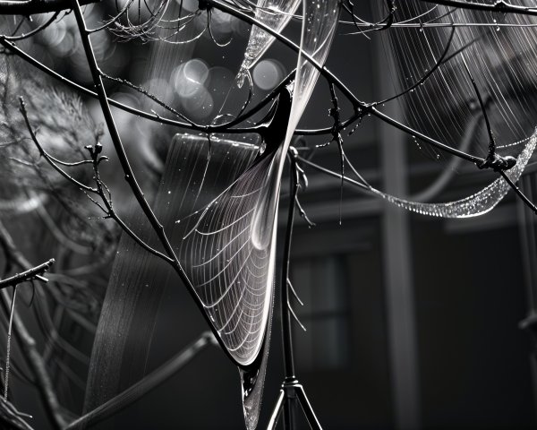 Close-up of Dewy Spider Webs on Bare Branches