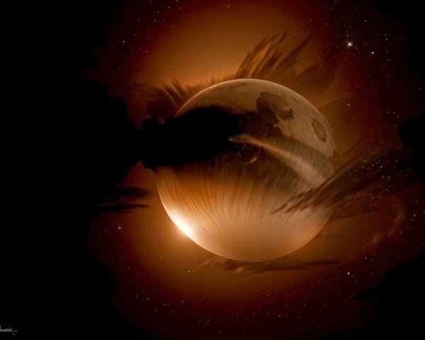 Surreal Planetary Body with Amber Light and Dark Clouds