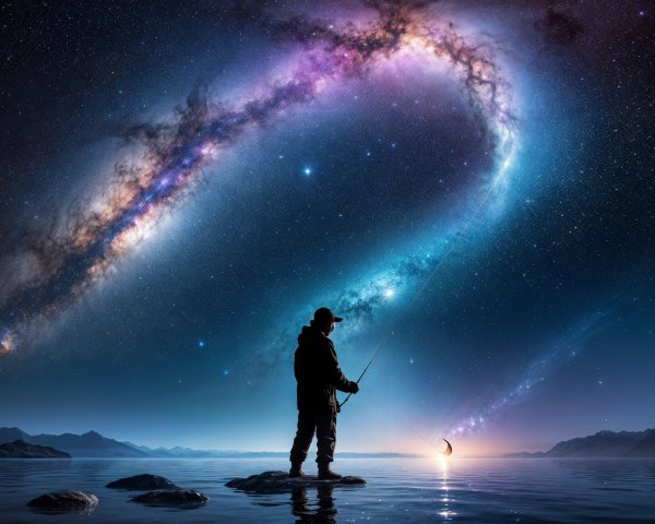 Lone Figure Fishing on Serene Lake Under Stars