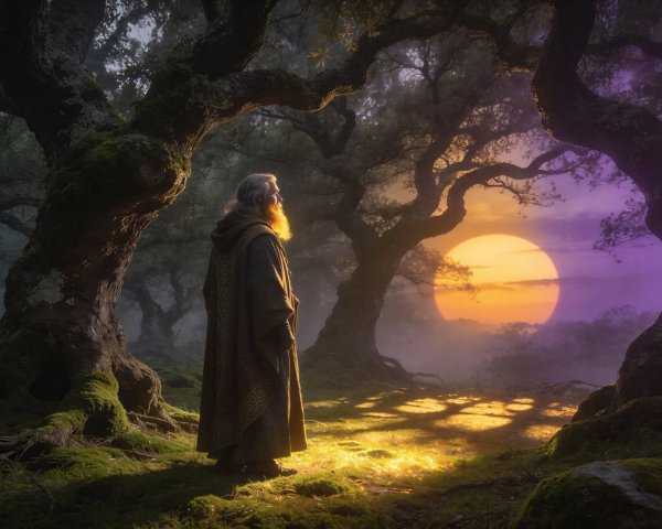 Wizard in Dark Forest with Glowing Sunset Background
