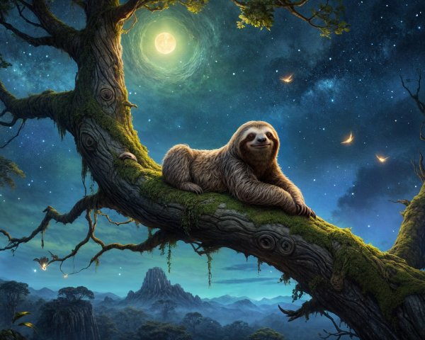 Whimsical Sloth on Mossy Branch Under Moonlit Sky