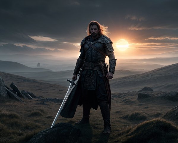 Majestic warrior in armor with sword at sunset backdrop