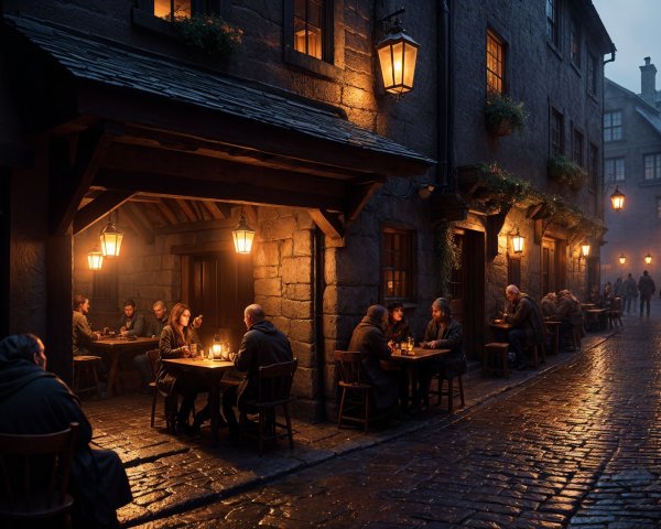 Rustic Cobblestone Street with Lanterns and Tables