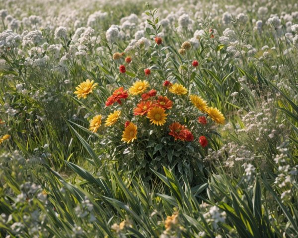 Vibrant Yellow and Orange Flowers in Green Landscape