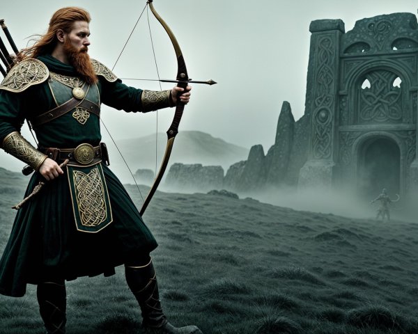 Mythical warrior with bow in misty landscape